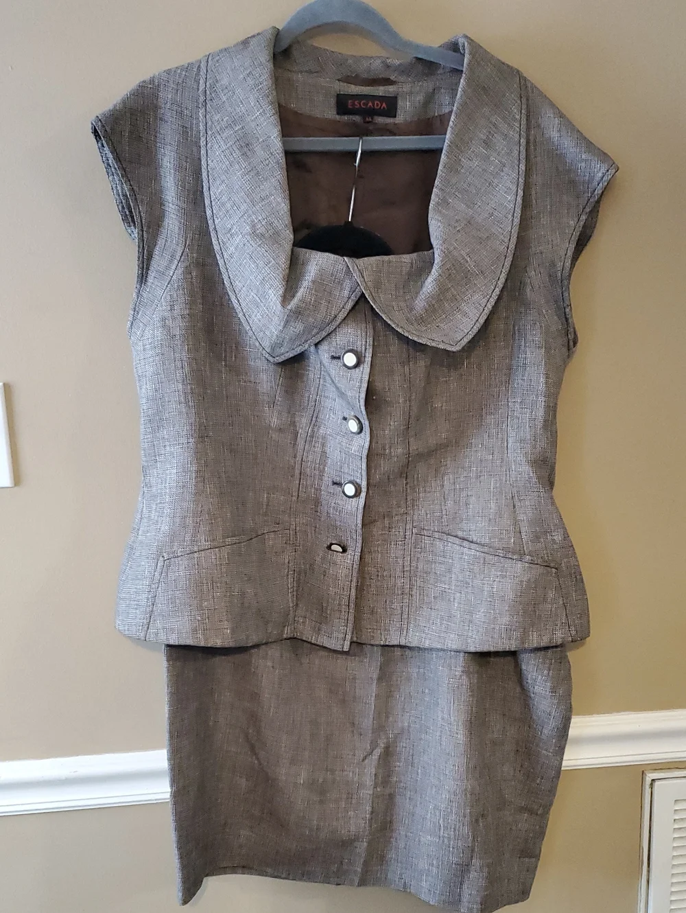Escada Vest And Skirt Linen Wool Shawl Collar In Brown White Set Size 44V,46S